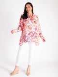 Pink Floral Printed Chiffon Blouse With Back Pleated Detail