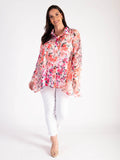 Pink Floral Printed Chiffon Blouse With Back Pleated Detail