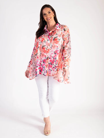 A Pink Floral Printed Chiffon Blouse With Back Pleated Detail
