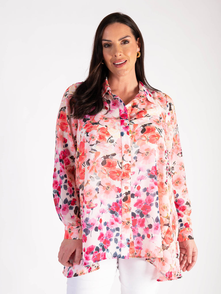 Pink Floral Printed Chiffon Blouse With Back Pleated Detail | Chesca