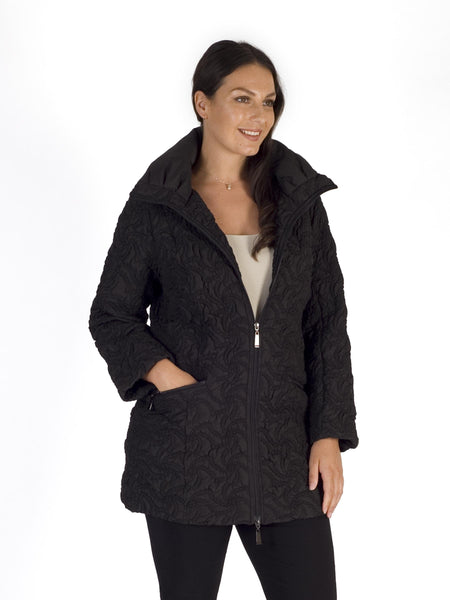 Black Squiggle Embroidered Quilted Coat