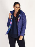 Purple Lined Hibiscus Print Short Reversible Diamante Trim Quilted Jacket