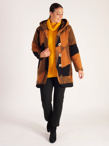 Amber/Black Patchwork Wool Mix Coat with Hood