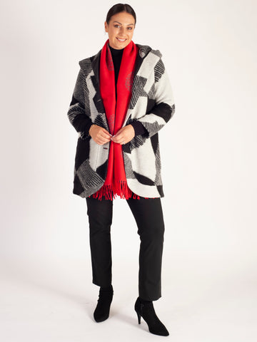 Black and Grey Patchwork Wool Blend Coat with Hood -  Black Friday Comes Early