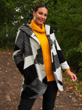 Black and Grey Patchwork Wool Blend Coat with Hood