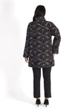 Black Stand Collar Jacquard Coat with Contrast Geometric Embroidery