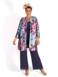 Blue Steel/Magenta Floral Placement Edge to Edge Contrast Lined Satin Twill Coat