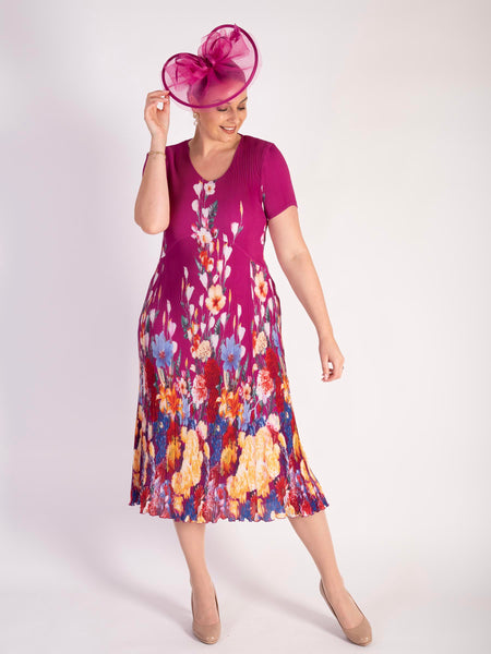 Fuchsia Border Print Pleated Dress