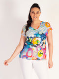 Blue/Multi Vibrant Abstract Painted Print Short Sleeve V-Neck Jersey Top