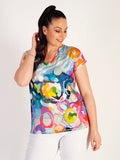 Blue/Multi Vibrant Abstract Painted Print Short Sleeve V-Neck Jersey Top