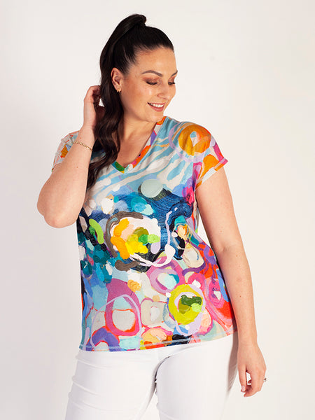 Blue/Multi Vibrant Abstract Painted Print Short Sleeve V-Neck Jersey Top