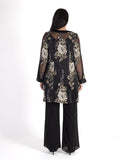 Black/Beige Floral Jacquard Organza Coat with Contrast Satin Trim