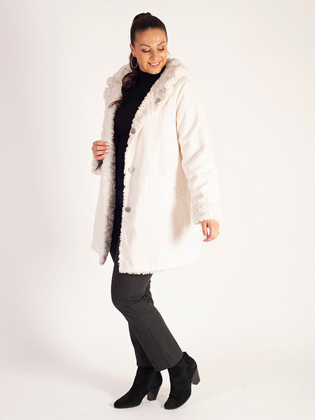 Cream Faux Fur Reversible Coat: Faux Fur on One Side, Raincoat on the Other