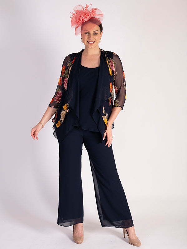 Navy Chrysanthemum Print Silk Devoree Contrast Layered Shrug | Chesca