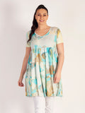 Pale Blue/Mustard Abstract Bubble Print Tiered V-Neck Short Sleeve Jersey Tunic Dress