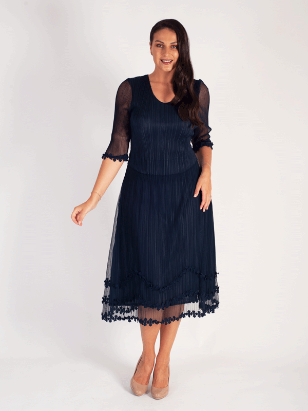 Navy Mock Layer Daisy Chain Trim Crush Pleat Mesh Evening Dress ...