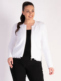 White Ribbed Zip Front Cardigan with Fringe Trim