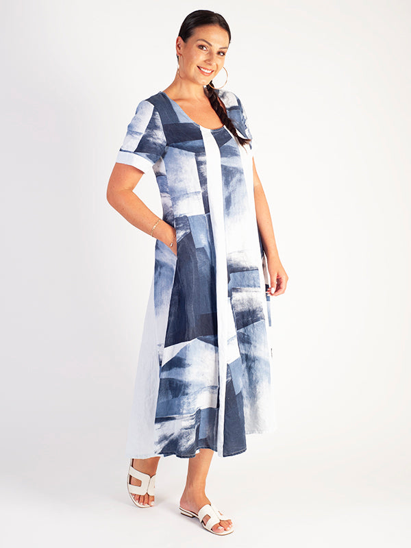 White/Navy Square Print Panel Linen Dress - Main Image