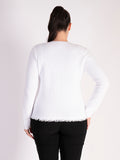 White Ribbed Zip Front Cardigan with Fringe Trim