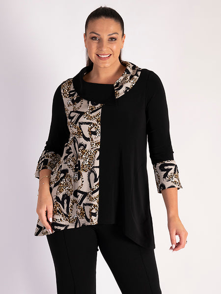 Black Jersey Top with Stone/Leopard Heart Contrast Panel