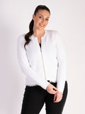 White Ribbed Zip Front Cardigan with Fringe Trim