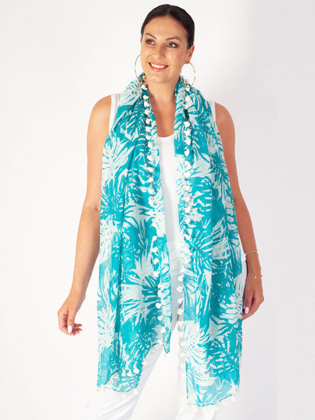 Jade/White Tropical Leaf Print Scarf with Bobble Trim