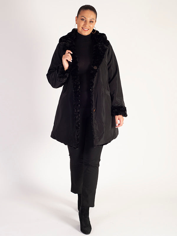 Black Faux Fur Reversible Coat Faux Fur on One Side Raincoat on the Other