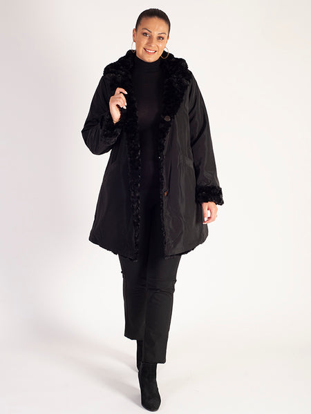 Black Faux Fur Reversible Coat: Faux Fur on One Side, Raincoat on the Other