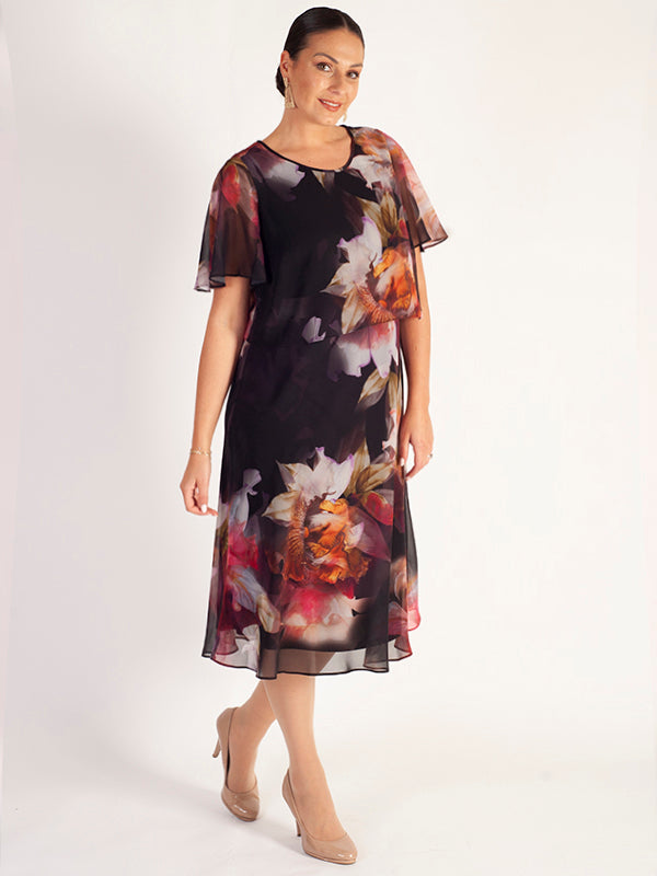 Red Orchid/Multi Floral Print Double Layer Chiffon Dress with Angel Sl