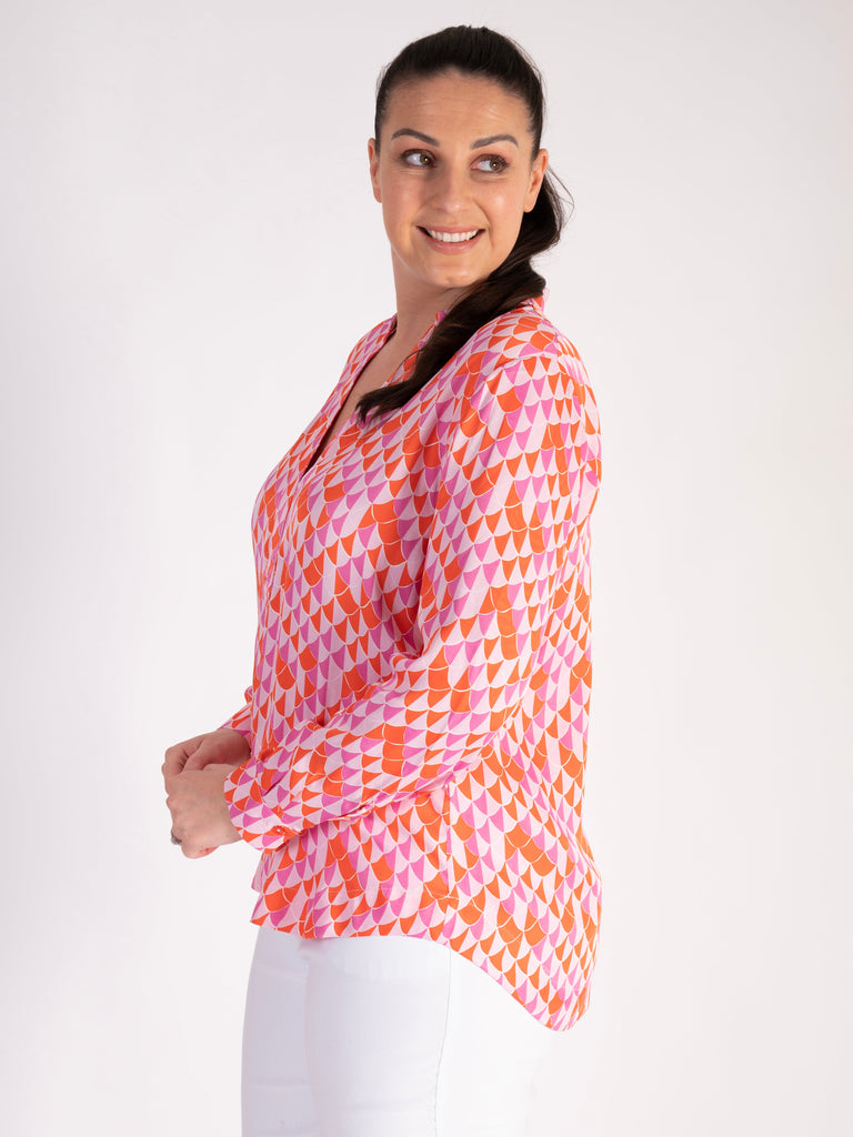 Pink/Red Geometric Print Satin Blouse | Chesca Direct