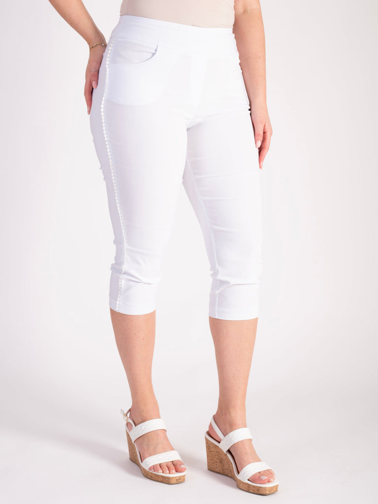 White Bengaline Capri Pants with Circle Lace Side Seam Trim | Chesca