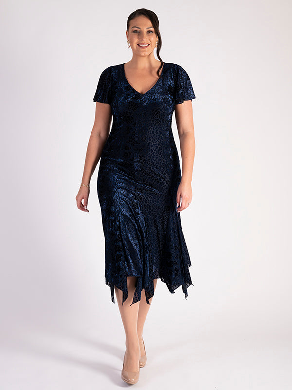 Navy Velvet Devoree Lined Dress with Angel Sleeves