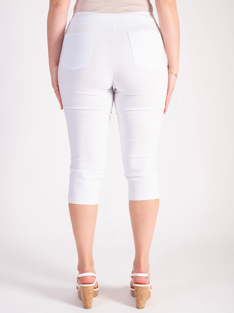 White Bengaline Capri Pants with Circle Lace Side Seam Trim | Chesca