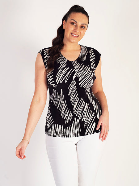 Black/White Scribble Print Pleated Camisole