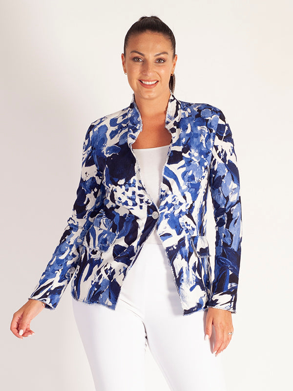 Navy Marine Abstract Garden Print Linen Jacket