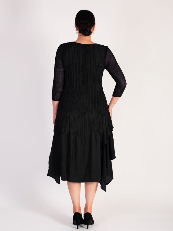 Black Layered Crush Pleat Dress | Chesca