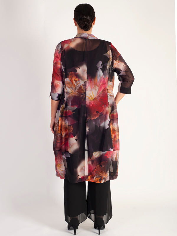 Red Orchid/Multi Floral Print Shawl Collar Chiffon Coat | Chesca Direct