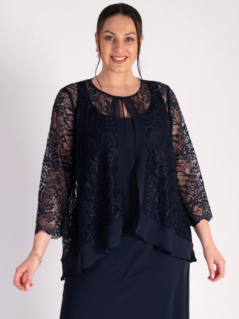 Navy Lace Jacket with Chiffon Trim | Chesca Direct