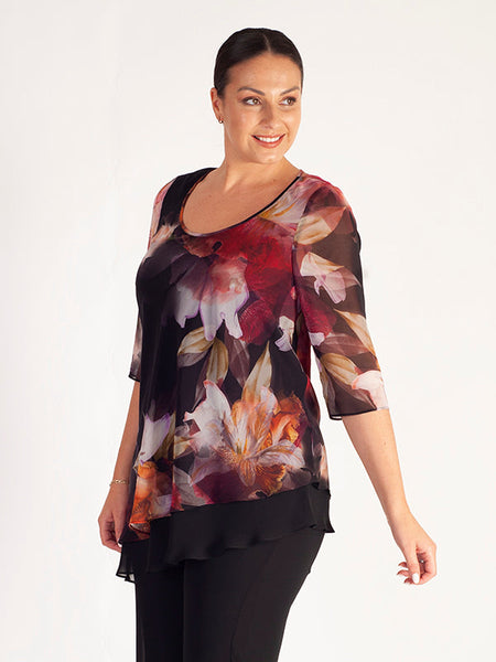 Red Orchid/Multi Floral Print Double Layer Asymmetric Chiffon Top ...