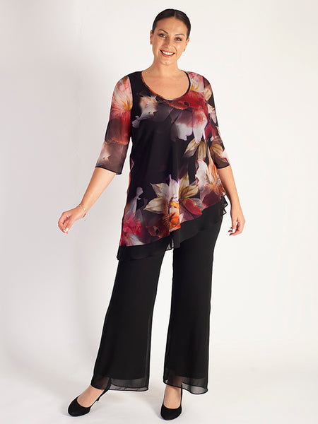 Red Orchid/Multi Floral Print Double Layer Asymmetric Chiffon Top ...