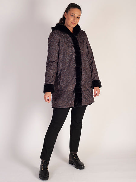 Brown/Grey Abstract Spot Print and Black Faux Fur Reversible Coat: Two Styles in One - Black Friday Comes Early