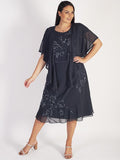 Pewter Lily Bead/Embroidered Double Layered Chiffon Dress