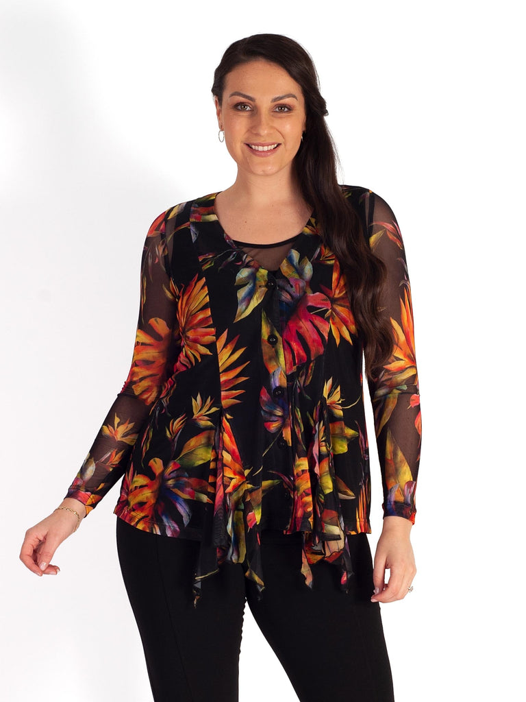 Black/Multi Jungle Print Mesh Cardigan with Godet Trim