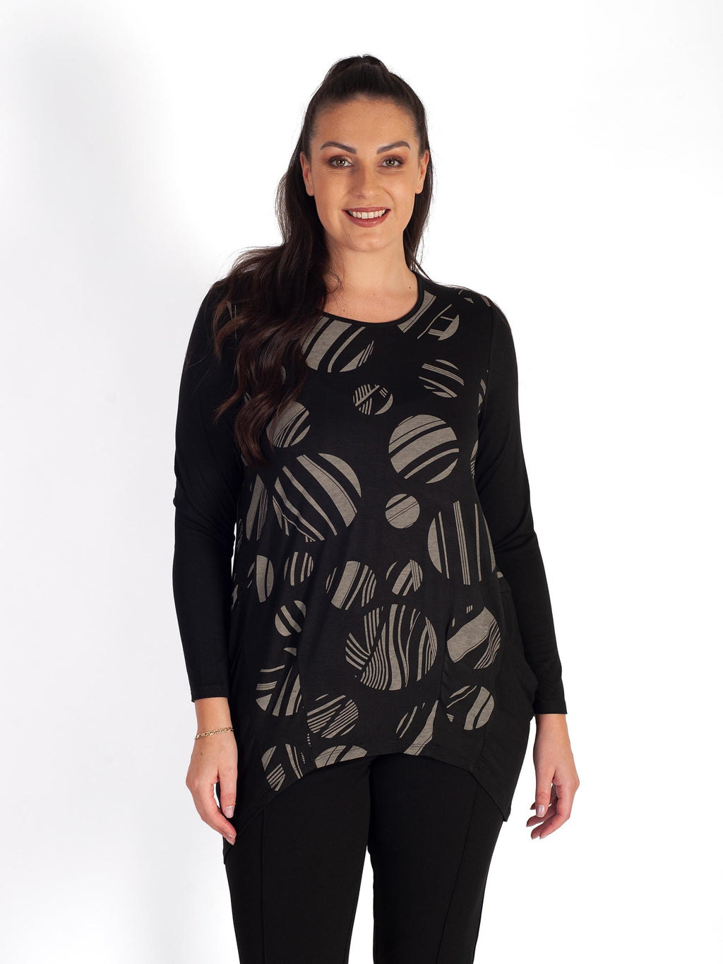 Black Natural Geometric Circle Print Jersey Top Tuck Detail