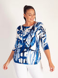 Navy/Marine Abstract Garden Print Jersey Top with 3/4 Batwing Sleeves