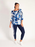 Navy/Marine Abstract Garden Print Jersey Top with 3/4 Batwing Sleeves