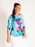 Turquoise/Multi Abstract Print Jersey Top with 3/4 Batwing Sleeves