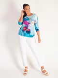 Turquoise/Multi Abstract Print Jersey Top with 3/4 Batwing Sleeves