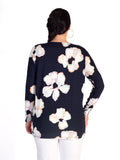 Navy Watercolour Floral Print Jersey Top with Ring Pull Zip Front