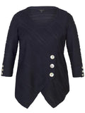 Navy Wavy Line Jacquard Button Trim Jersey Top